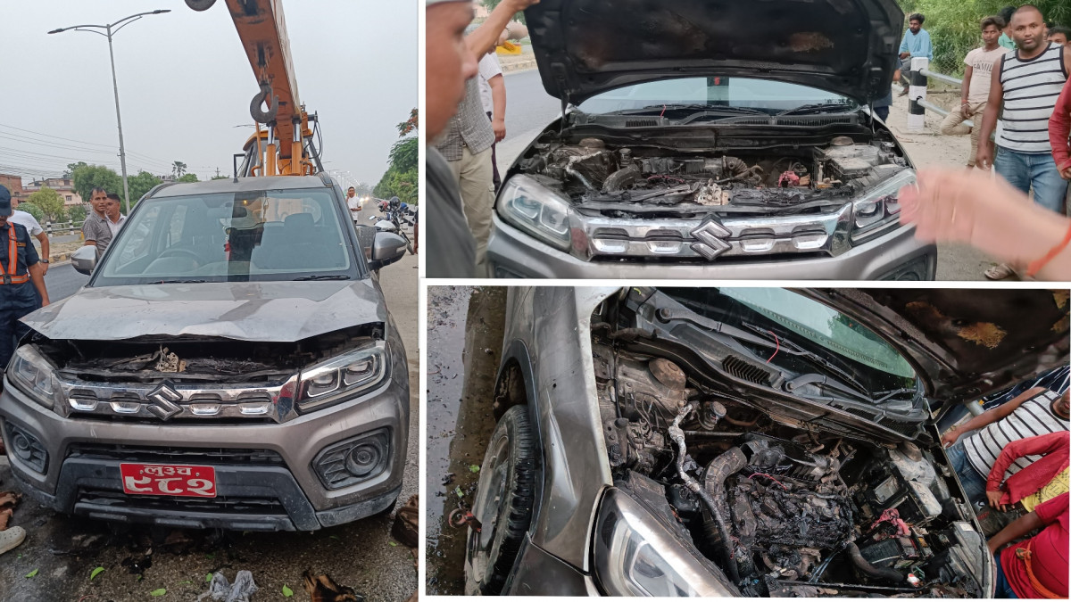 मोटरपार्टस तस्करी गरिरहेको गाडीमा आगलागी